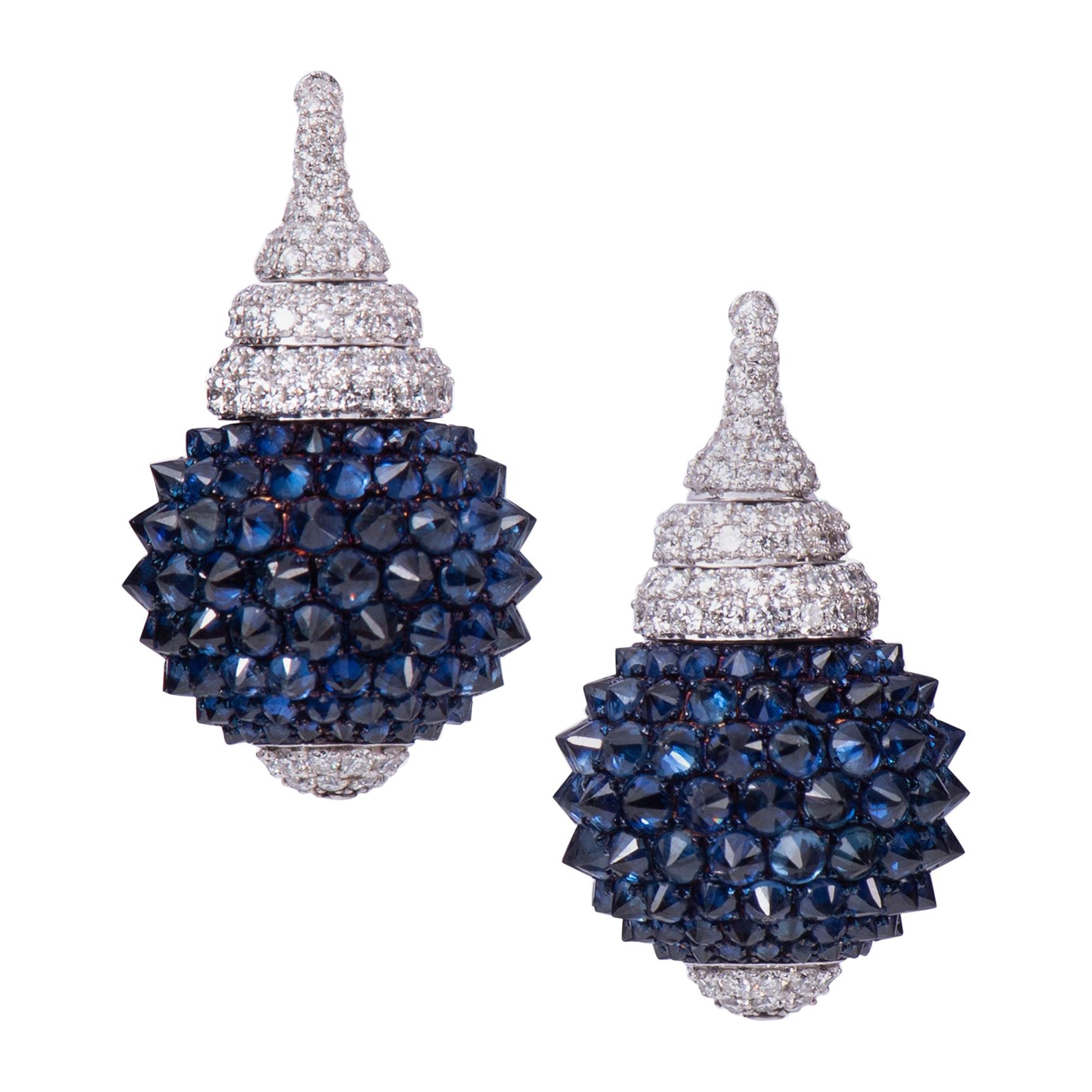 Blue Sapphire Lamp Reverse Setting Diamond Earring For Sale