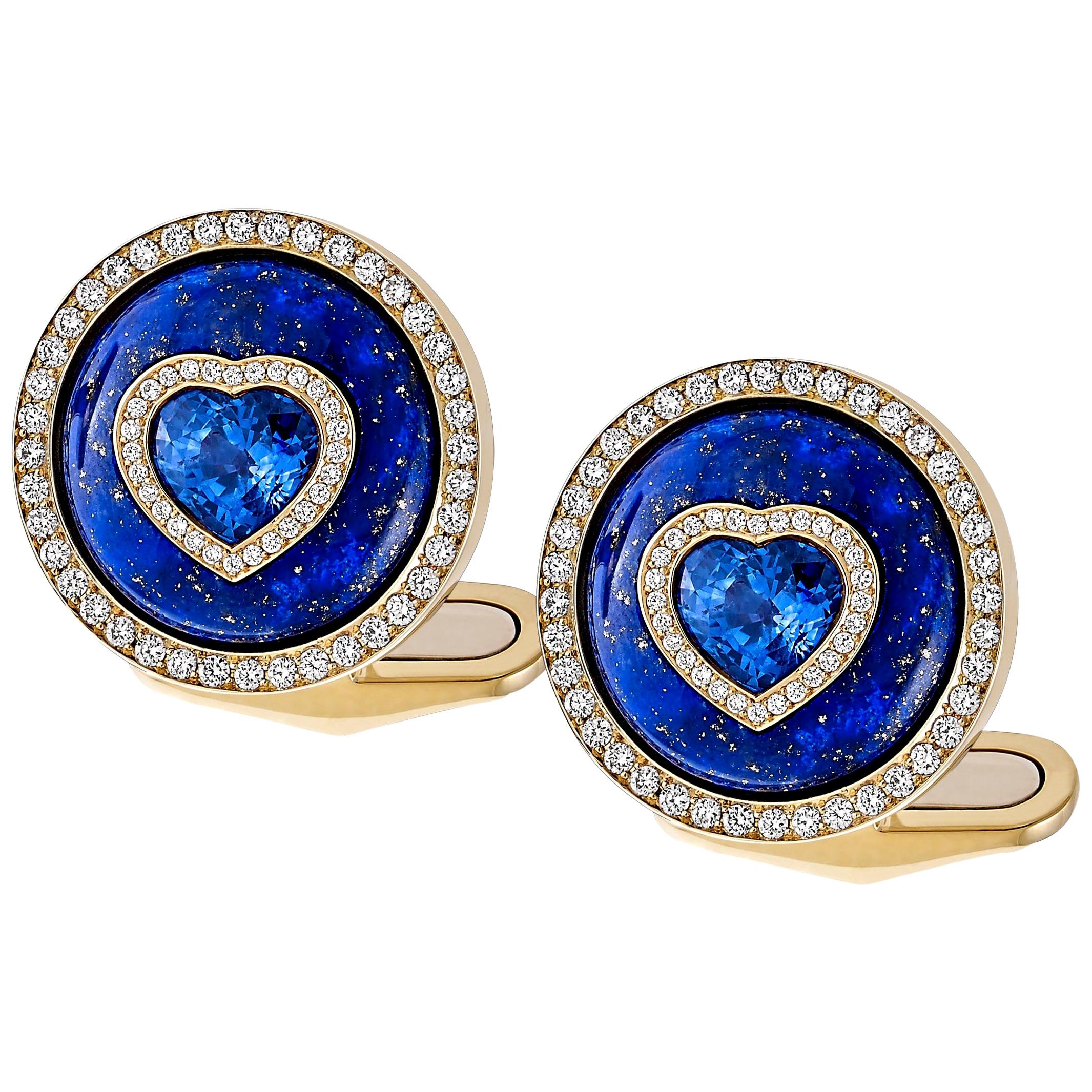 2.98 Carats Heart Shape Blue Sapphire, Lapis and Diamond Cufflinks in 18k Gold 