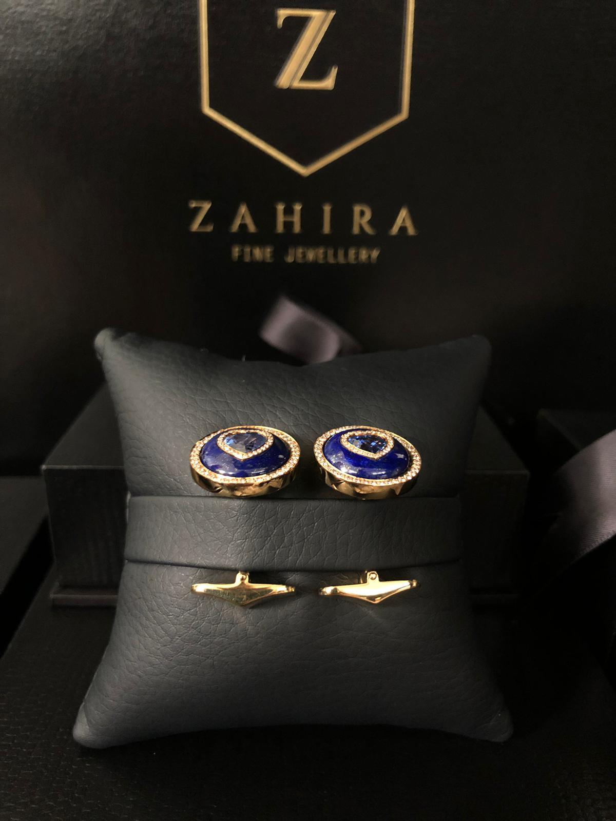 Gemelos de zafiro azul, lapislázuli y diamantes en forma de corazón de 2,98 quilates en oro de 18 quilates  en venta 2