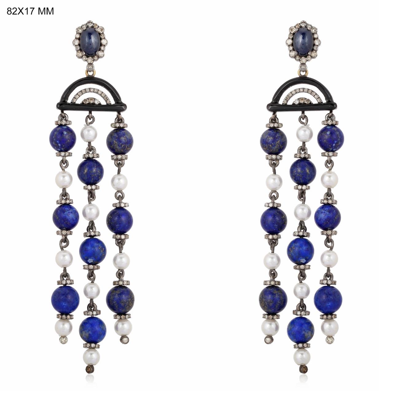 Blauer Saphir Lapis Perle Diamant-Ohrringe (Zeitgenössisch) im Angebot