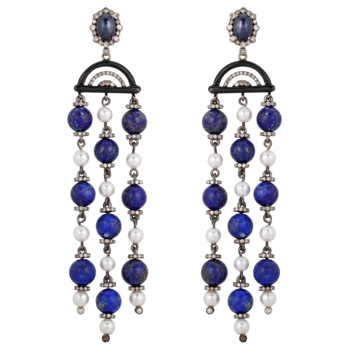 Blue Sapphire Lapis Pearl Diamond Earrings