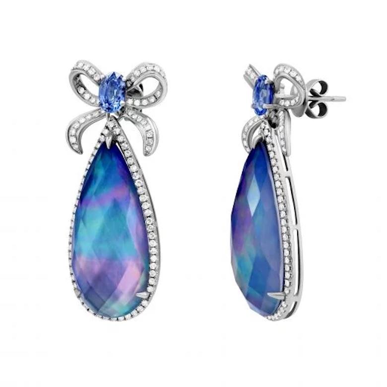Modern Blue Sapphire Lazurite Pearls Diamond  White 14k Gold Stud Earrings for Her For Sale