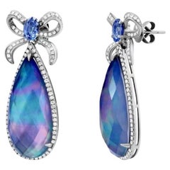 Blue Sapphire Lazurite Pearls Diamond  White 14k Gold Stud Earrings for Her