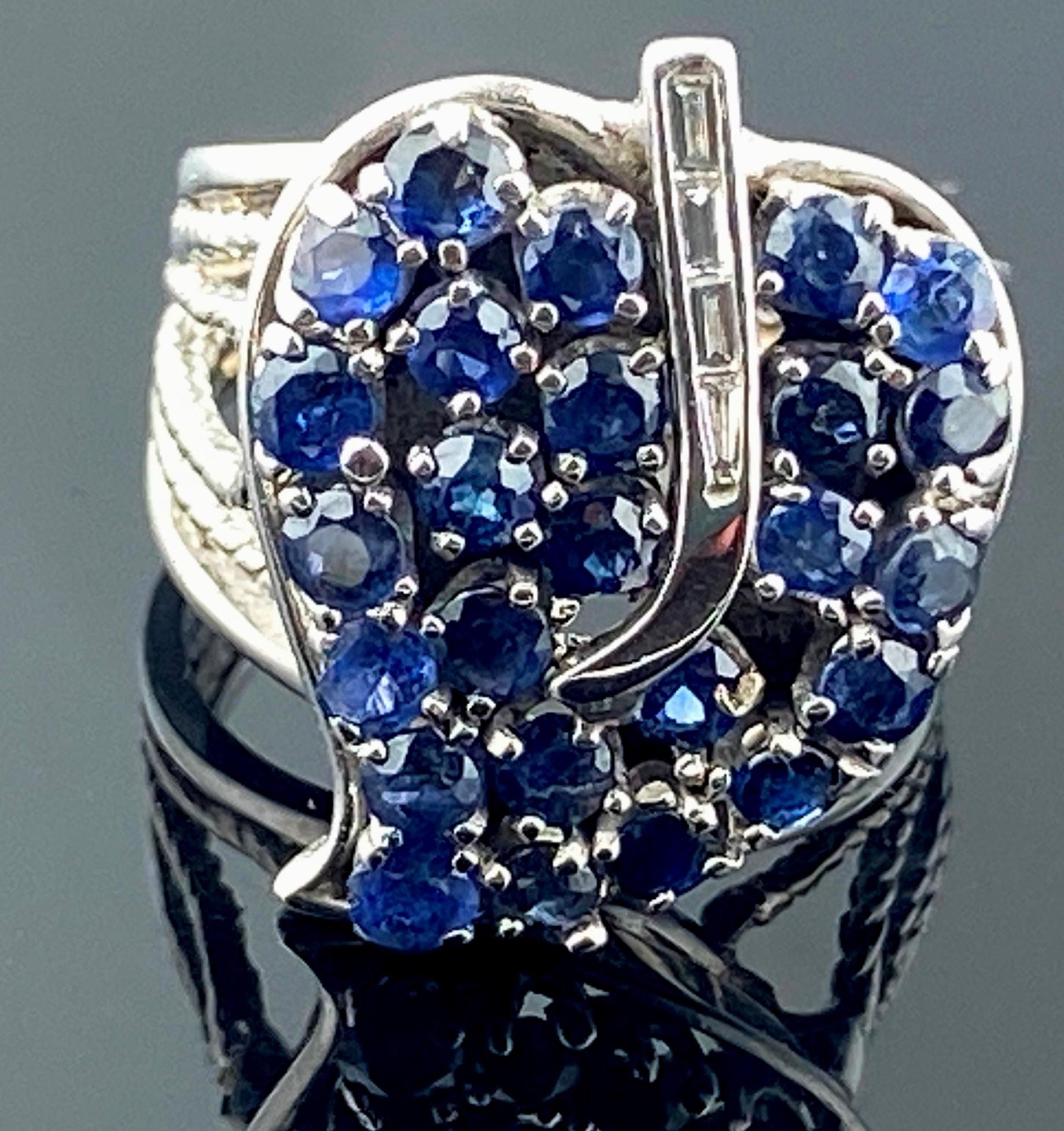 Round Cut Blue Sapphire Leaf Ring with Diamonds in 14 Karat White Gold