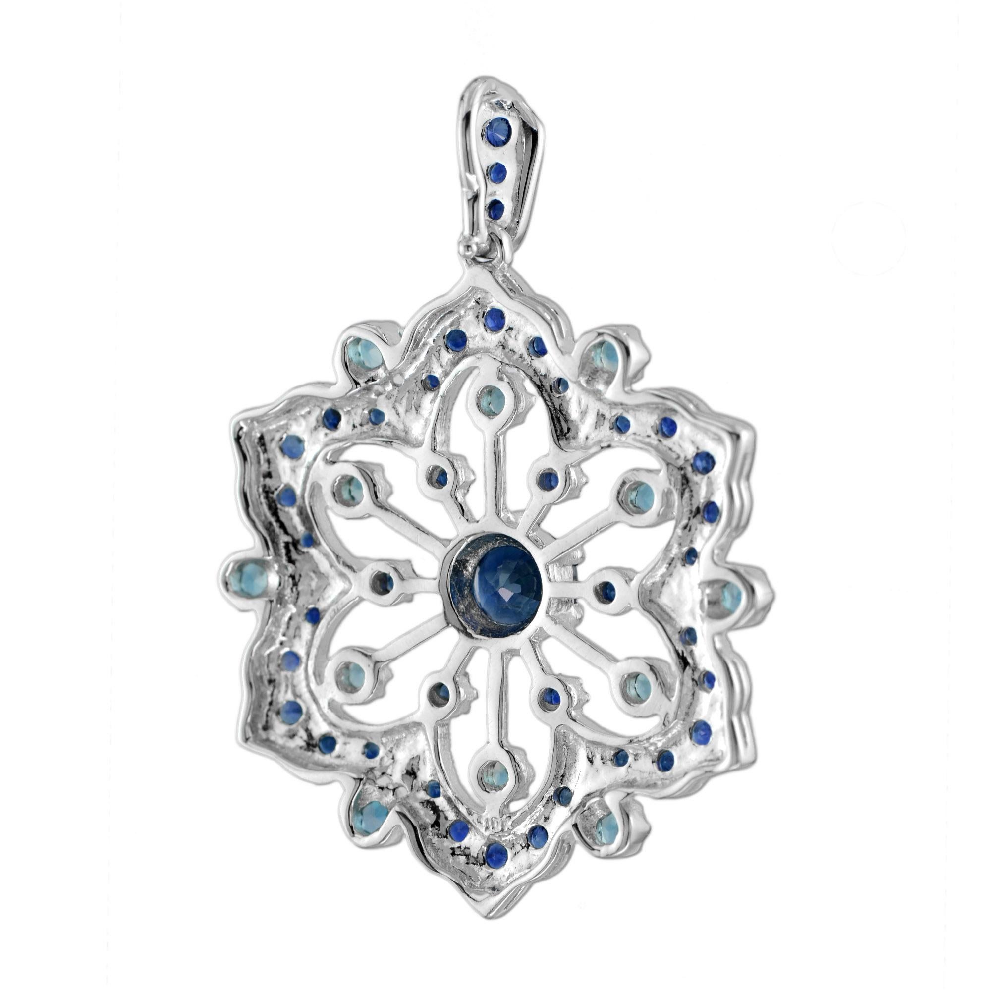 Edwardian Blue Sapphire & London Blue Topaz Vintage Style Floral Flower Snowflake Pendant For Sale