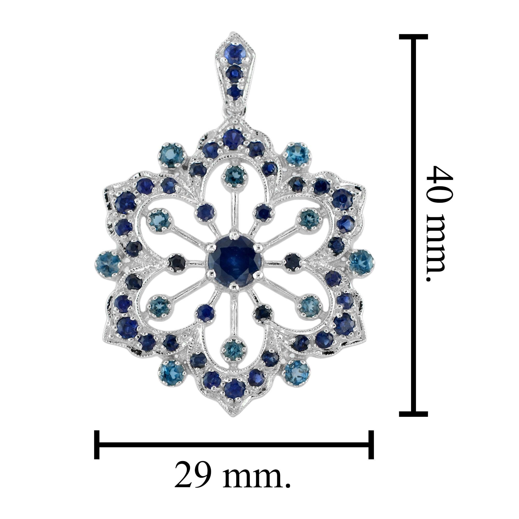 Round Cut Blue Sapphire & London Blue Topaz Vintage Style Floral Flower Snowflake Pendant For Sale