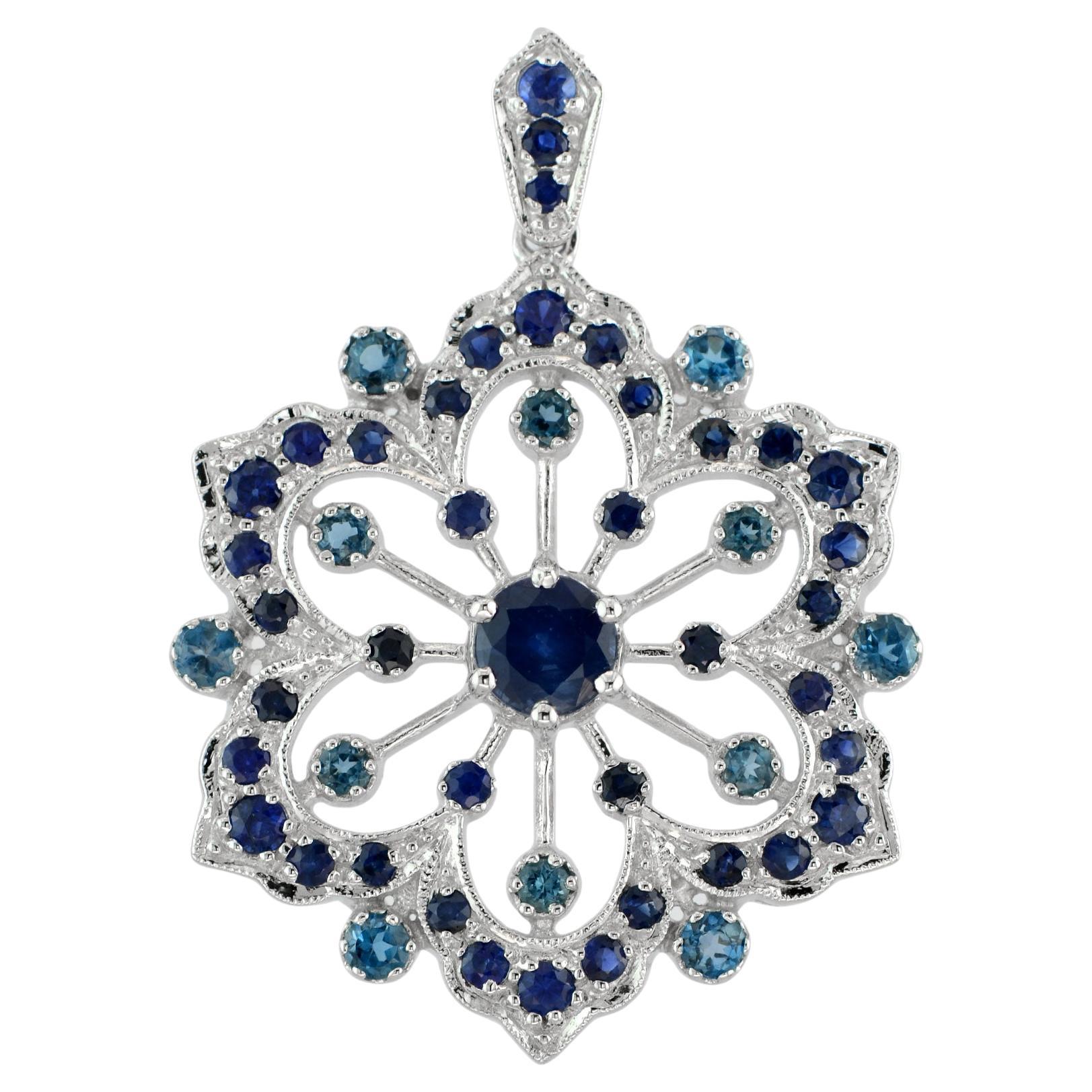 Blue Sapphire & London Blue Topaz Vintage Style Floral Flower Snowflake Pendant For Sale