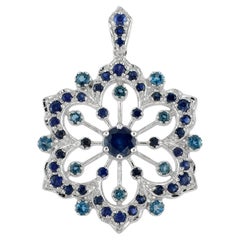 Blue Sapphire & London Blue Topaz Vintage Style Floral Flower Snowflake Pendant