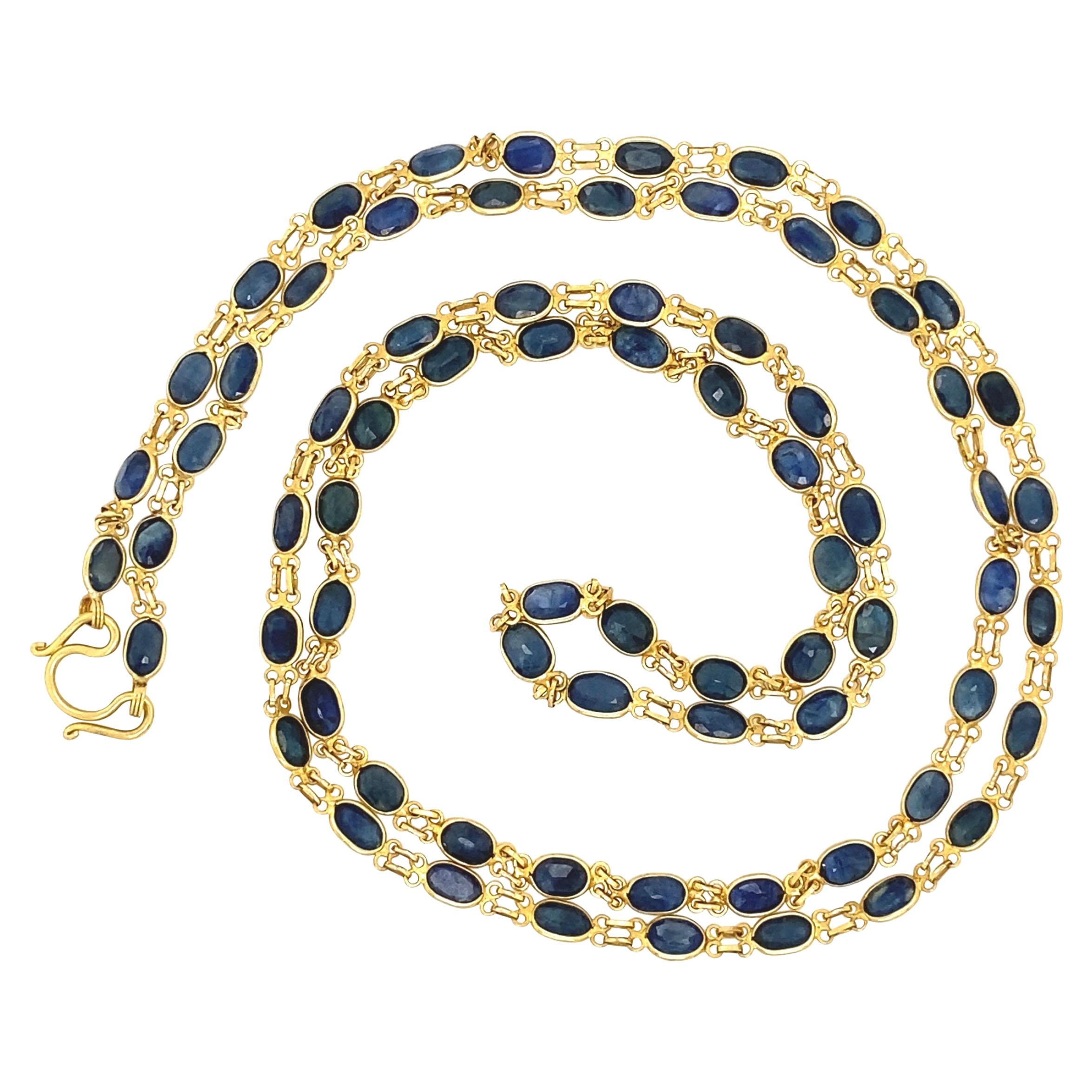 Blue Sapphire Long 22 Karat Yellow Gold Chain Necklace Estate Fine Jewelry