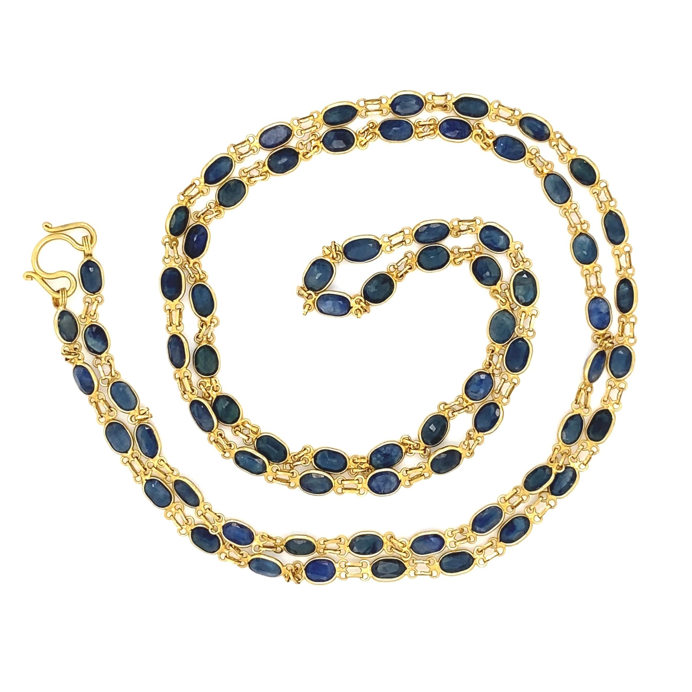 Modern Blue Sapphire Long 22 Karat Yellow Gold Chain Necklace Estate Fine Jewelry