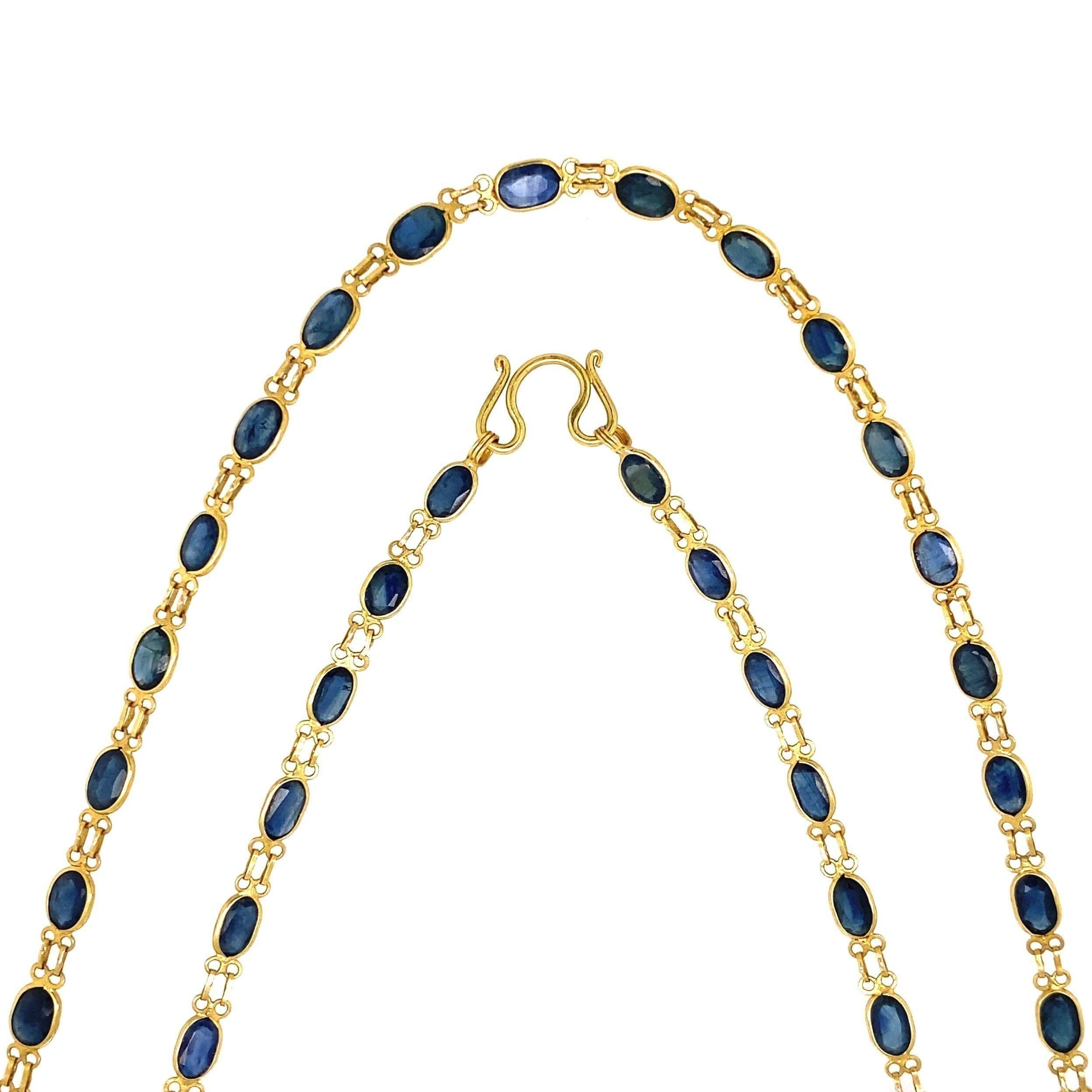 Oval Cut Blue Sapphire Long 22 Karat Yellow Gold Chain Necklace Estate Fine Jewelry