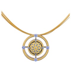 Blue Sapphire Mandala Pendant in Bronze and 24 Karat Gold