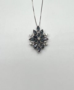 Blue Sapphire Marquise Cut Snowflake Flower Floral White Gold Pendant Necklace