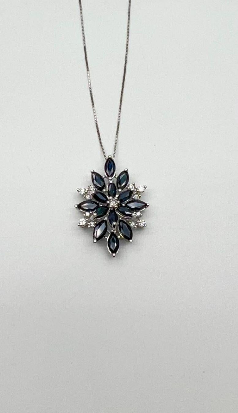 Blue Sapphire Marquise Cut Snowflake Flower Floral White Gold Pendant Necklace In New Condition For Sale In Oakton, VA
