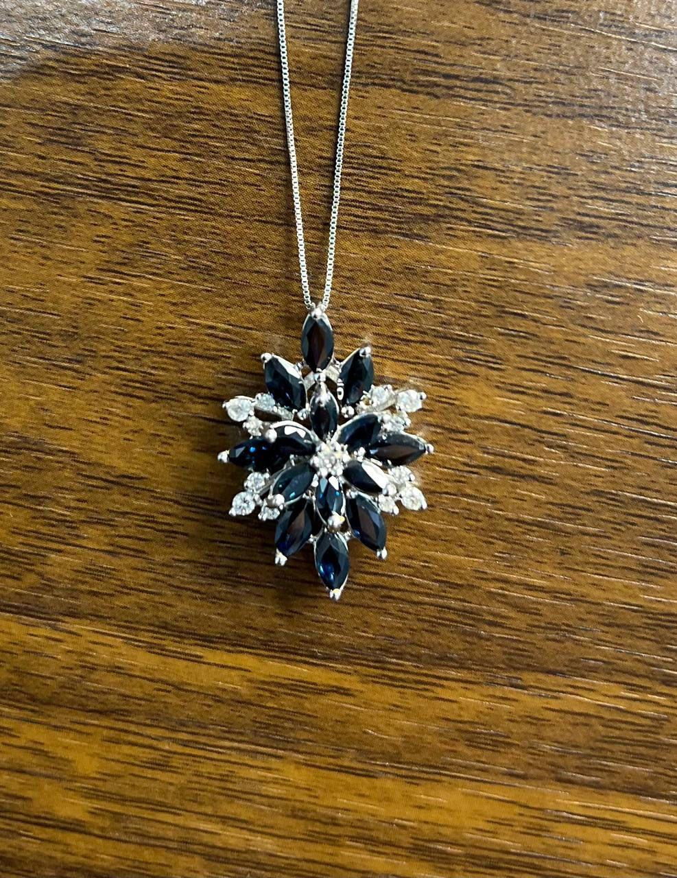 Women's Blue Sapphire Marquise Cut Snowflake Flower Floral White Gold Pendant Necklace For Sale