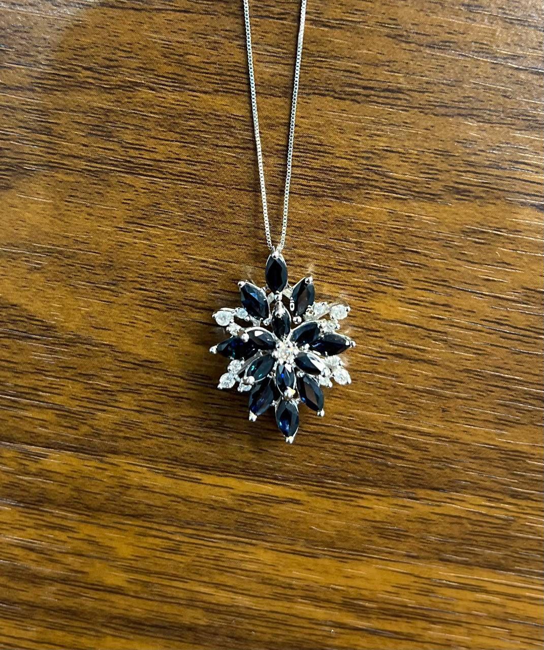 Blue Sapphire Marquise Cut Snowflake Flower Floral White Gold Pendant Necklace For Sale 1