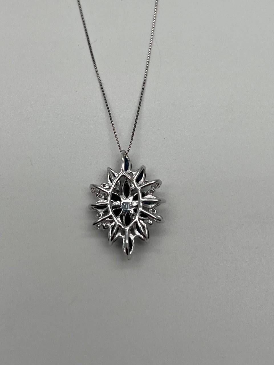 Blue Sapphire Marquise Cut Snowflake Flower Floral White Gold Pendant Necklace For Sale 2