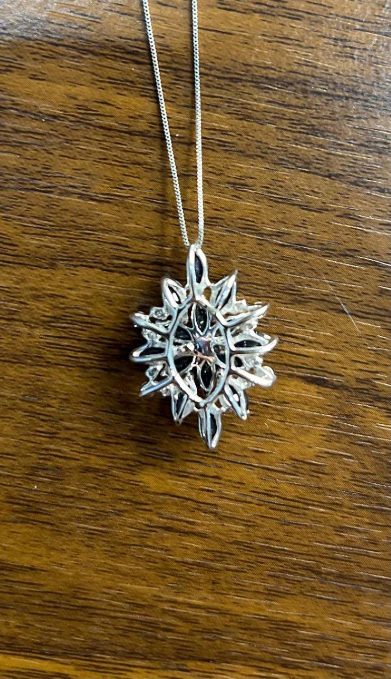 Blue Sapphire Marquise Cut Snowflake Flower Floral White Gold Pendant Necklace For Sale 3
