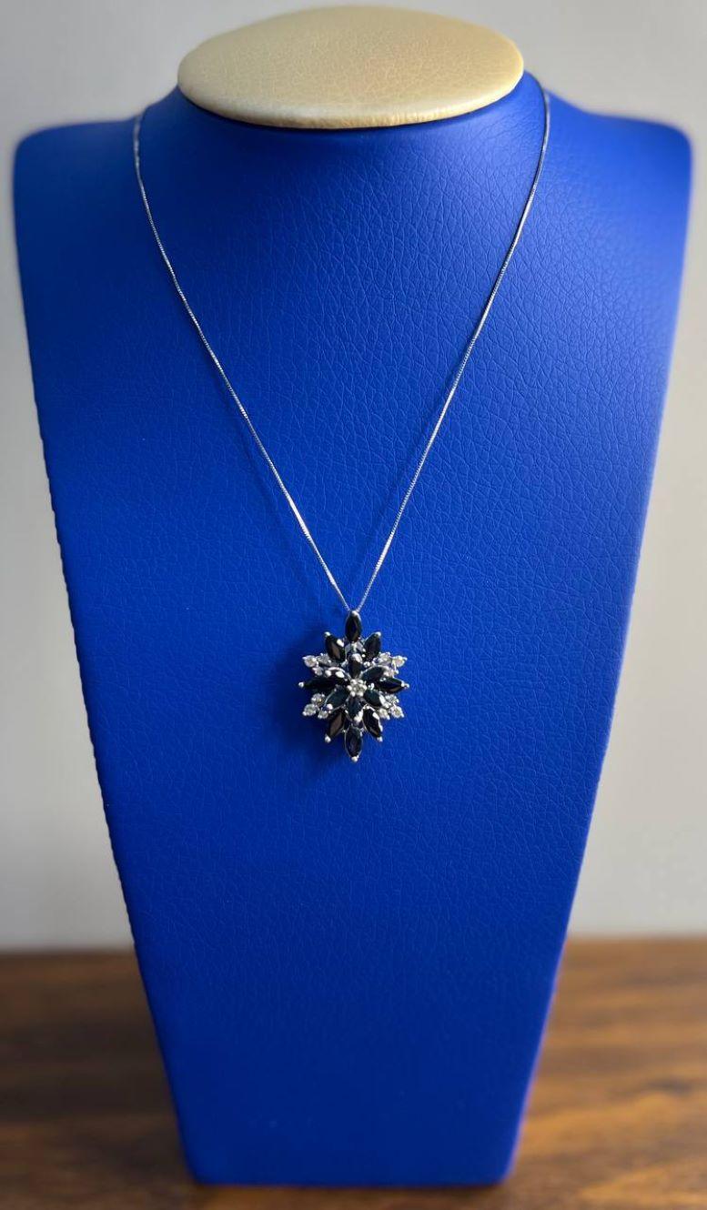 Blue Sapphire Marquise Cut Snowflake Flower Floral White Gold Pendant Necklace For Sale 4
