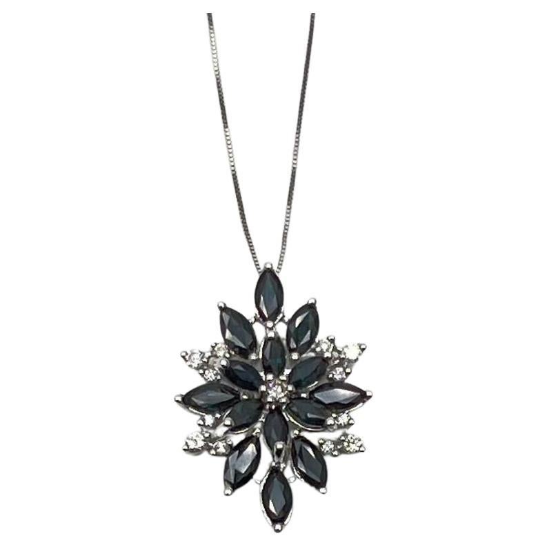 Zafiro Azul Corte Marquesa Flor Floral Copo de Nieve Collar Colgante Oro Blanco