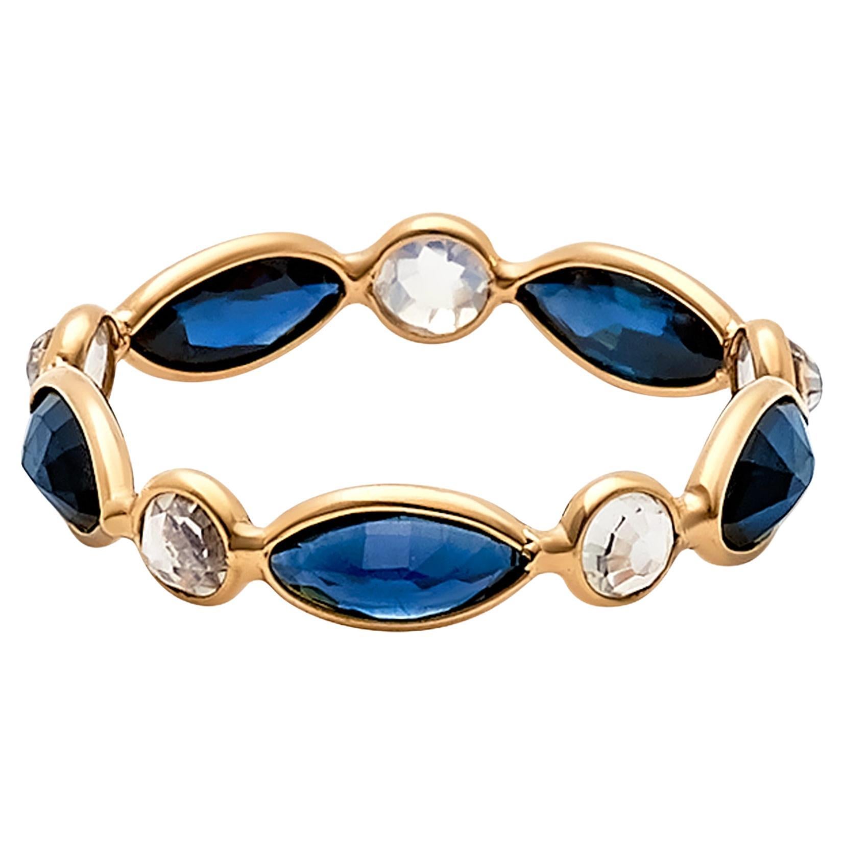Blue Sapphire Marquise & Rainbow Moonstone Round Ring In 18K Yellow Gold For Sale