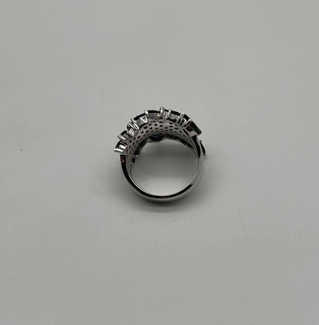 Marquise Cut Blue Sapphire Marquise Shape Diamond Pave Set 14K White Gold Statement Band Ring For Sale