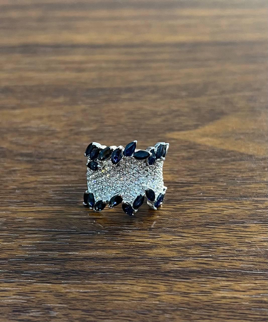 Blue Sapphire Marquise Shape Diamond Pave Set 14K White Gold Statement Band Ring In New Condition For Sale In Oakton, VA
