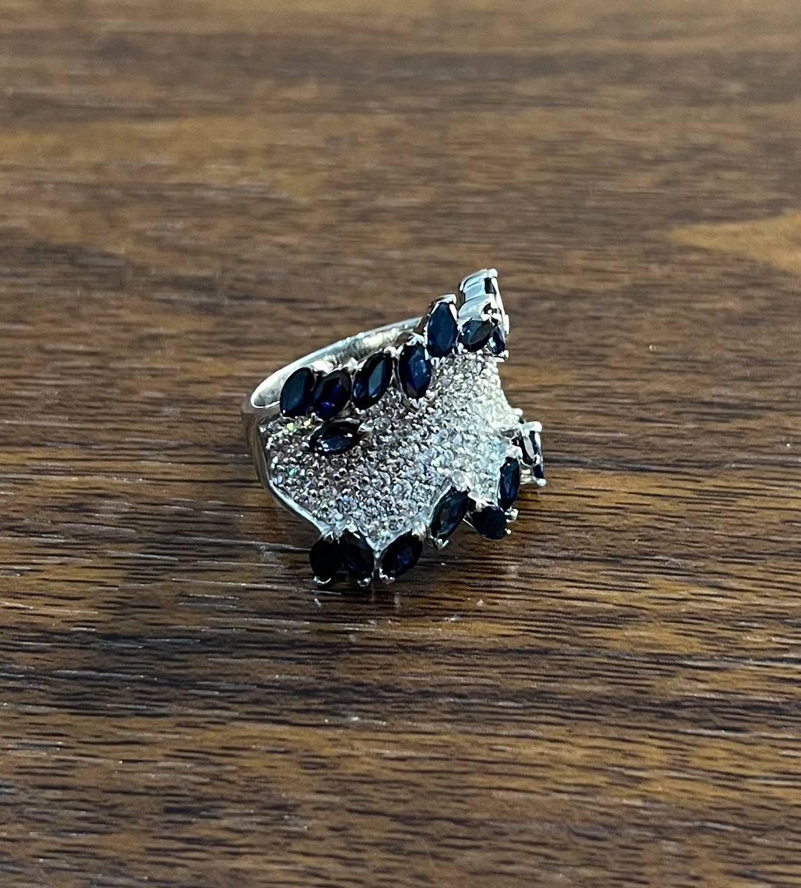 Women's Blue Sapphire Marquise Shape Diamond Pave Set 14K White Gold Statement Band Ring For Sale