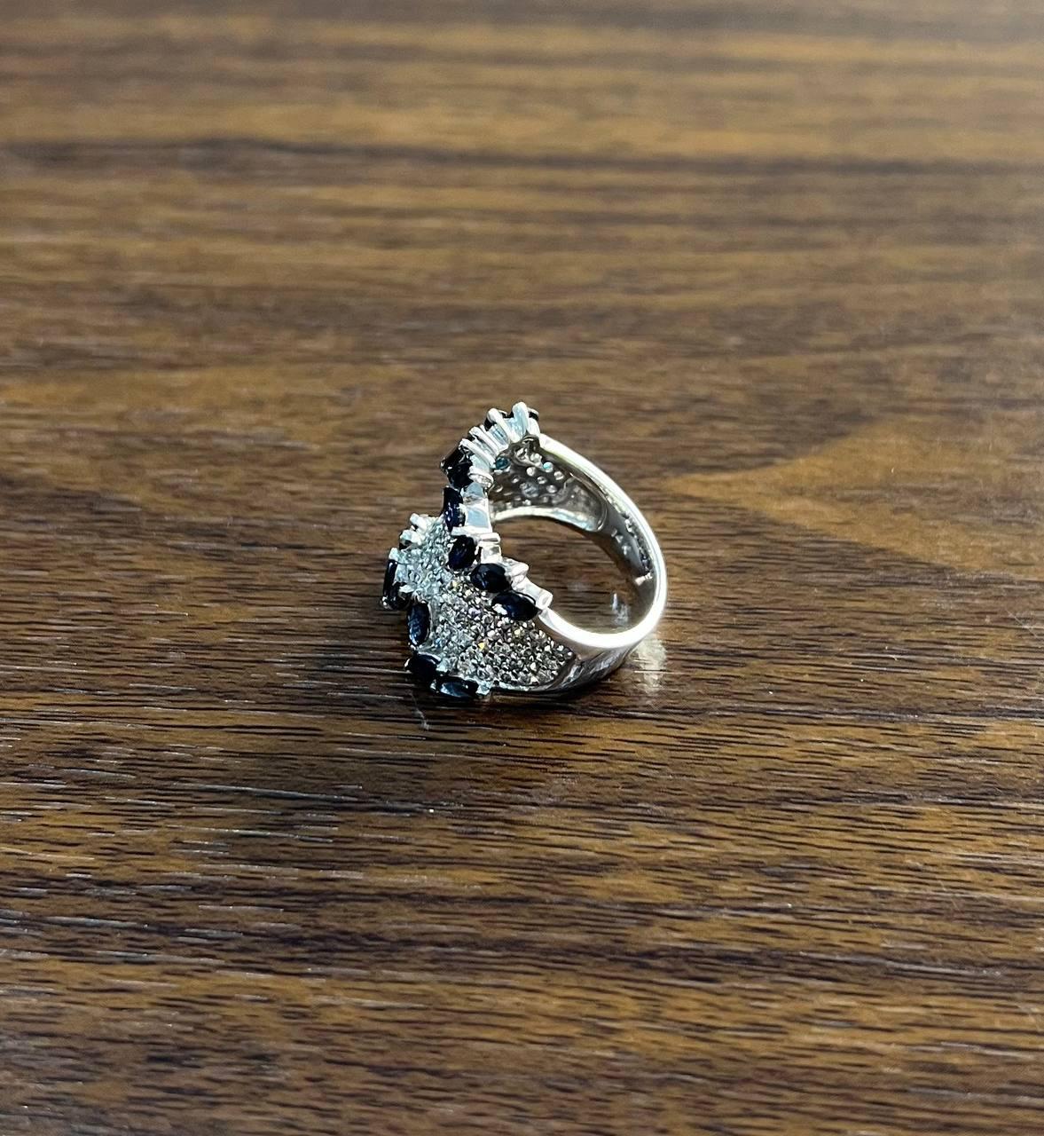 Blue Sapphire Marquise Shape Diamond Pave Set 14K White Gold Statement Band Ring For Sale 1