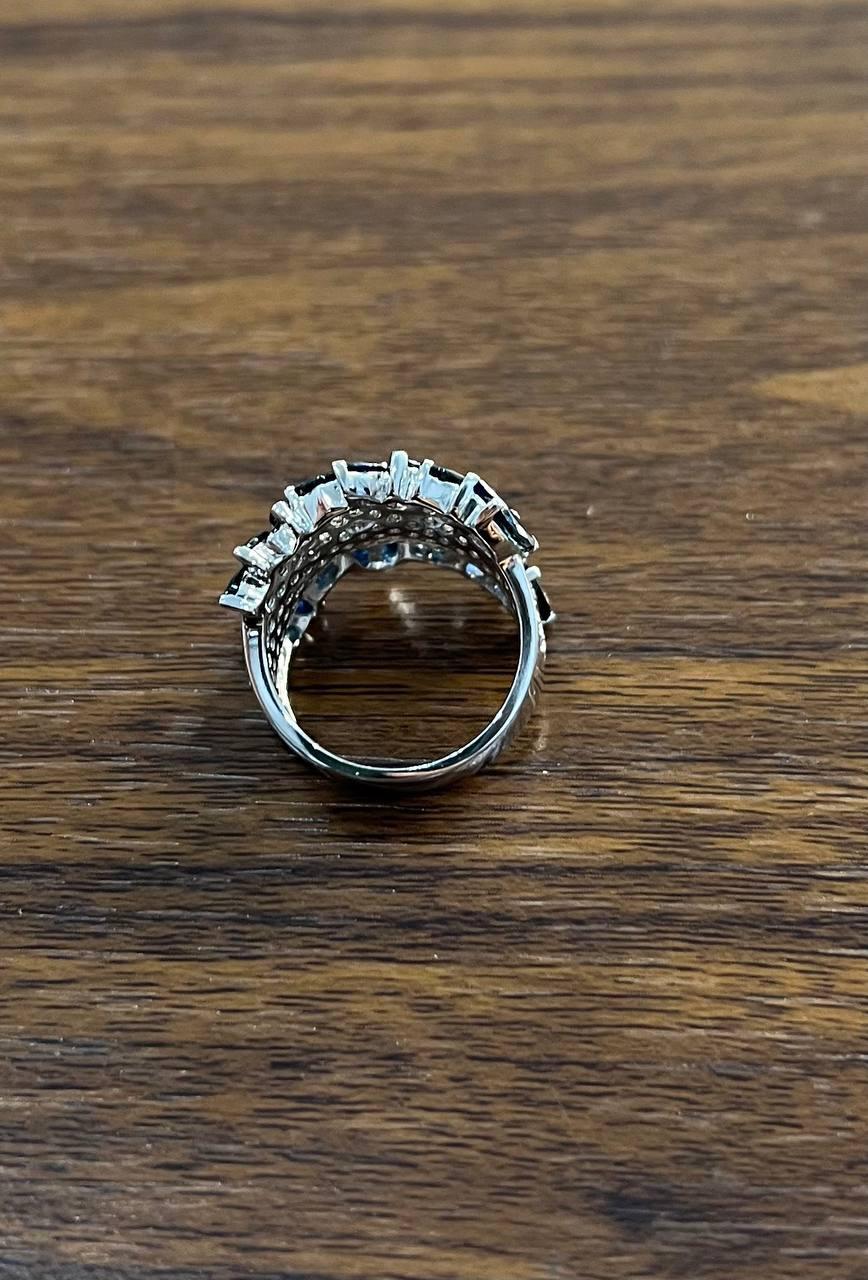 Blue Sapphire Marquise Shape Diamond Pave Set 14K White Gold Statement Band Ring For Sale 2