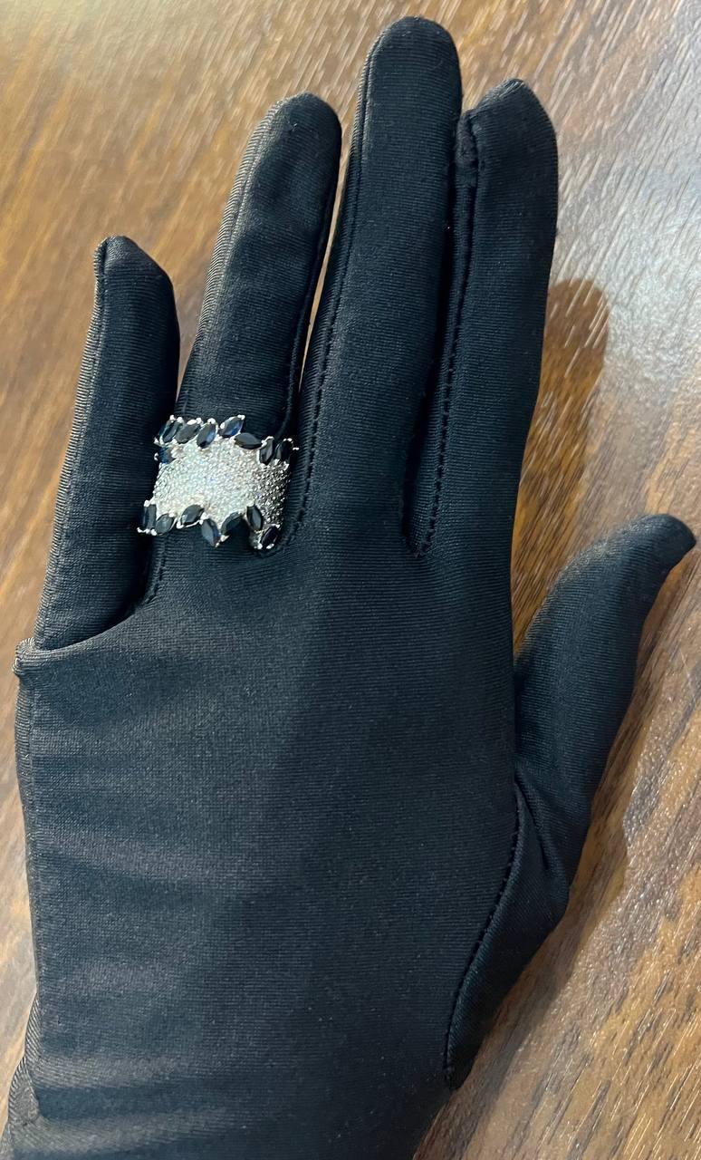 Blue Sapphire Marquise Shape Diamond Pave Set 14K White Gold Statement Band Ring For Sale 3