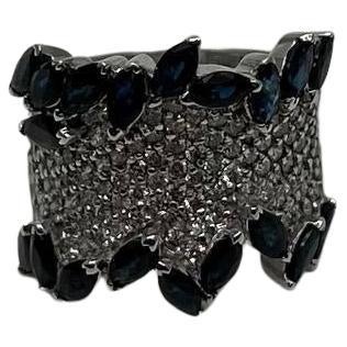 Blue Sapphire Marquise Shape Diamond Pave Set 14K White Gold Statement Band Ring