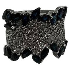 Blue Sapphire Marquise Shape Diamond Pave Set 14K White Gold Statement Band Ring