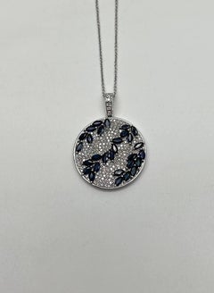 Blue Sapphire Marquise Shape Diamond Pave White Gold Pendant Medallion Necklace