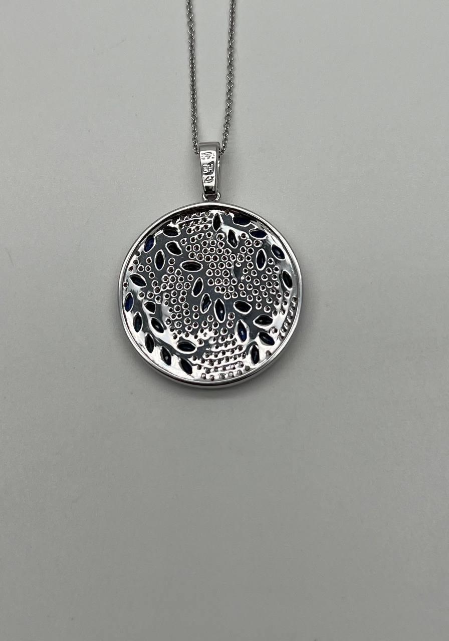 Marquise Cut Blue Sapphire Marquise Shape Diamond Pave White Gold Pendant Medallion Necklace For Sale
