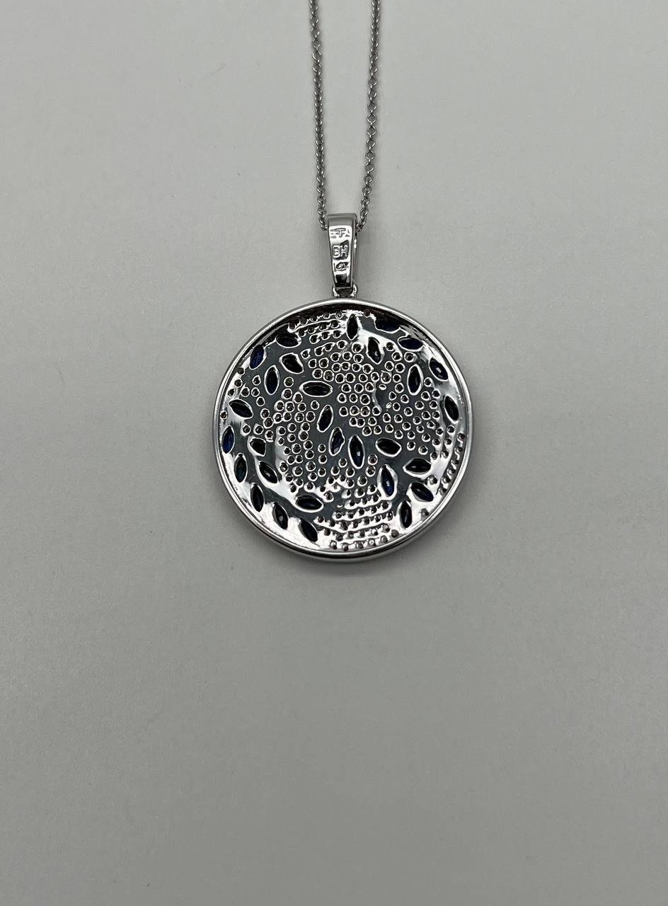 Blue Sapphire Marquise Shape Diamond Pave White Gold Pendant Medallion Necklace In New Condition For Sale In Oakton, VA
