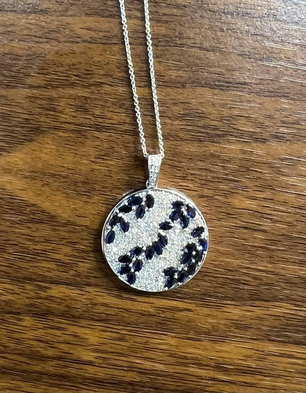 Women's Blue Sapphire Marquise Shape Diamond Pave White Gold Pendant Medallion Necklace For Sale