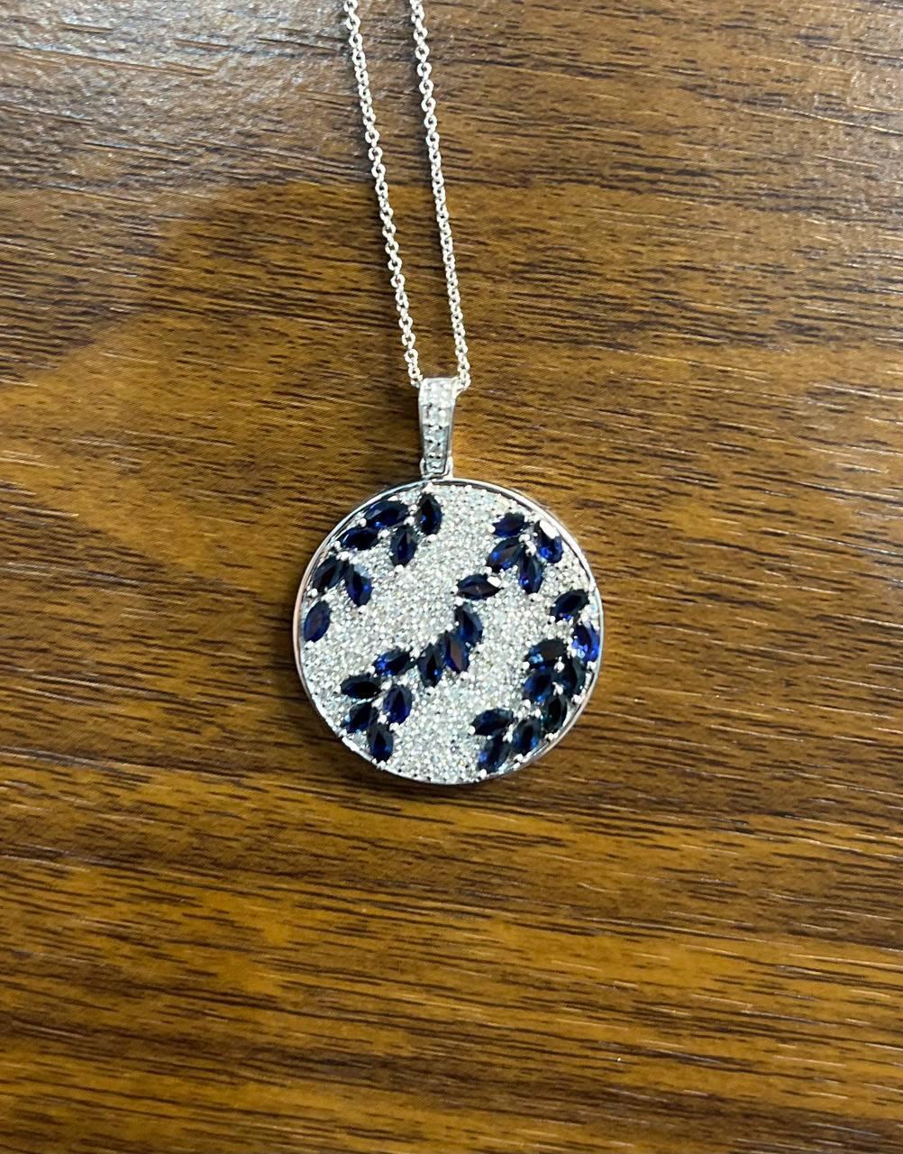 Blue Sapphire Marquise Shape Diamond Pave White Gold Pendant Medallion Necklace For Sale 1