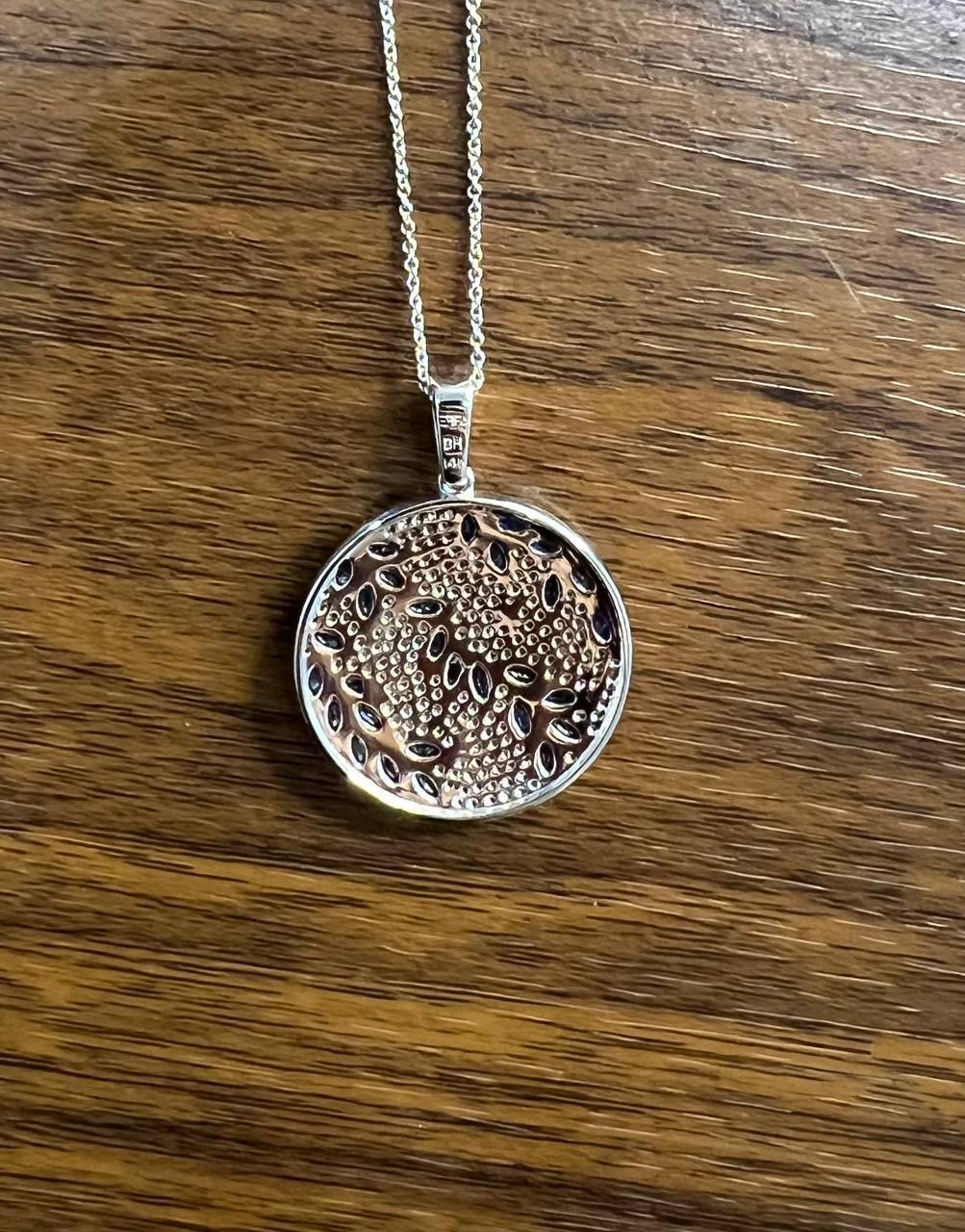 Blue Sapphire Marquise Shape Diamond Pave White Gold Pendant Medallion Necklace For Sale 2