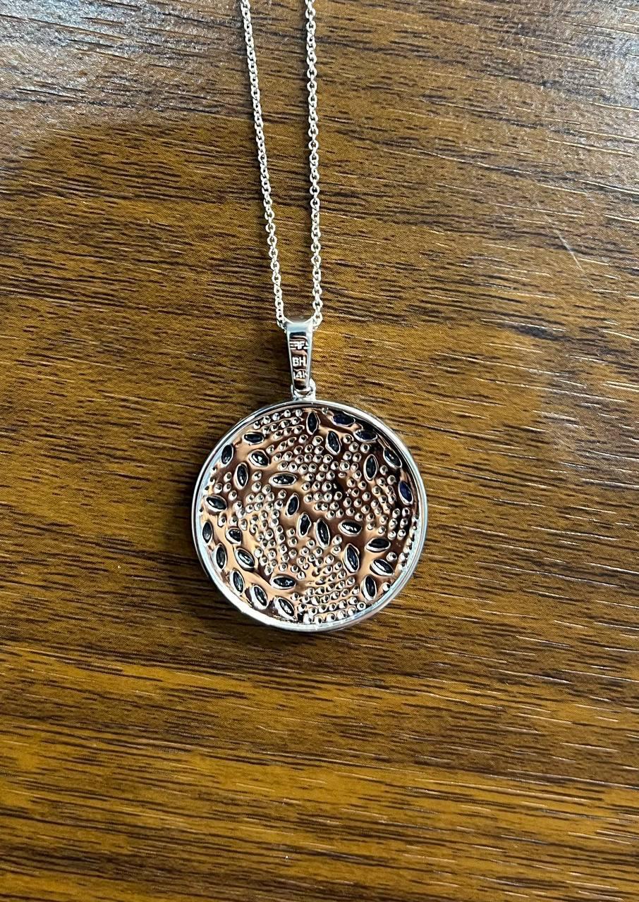 Blue Sapphire Marquise Shape Diamond Pave White Gold Pendant Medallion Necklace For Sale 3