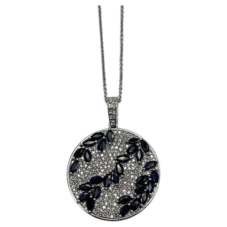 Zafiro Azul Forma Marquesa Diamante Pave Oro Blanco Colgante Medallón Collar