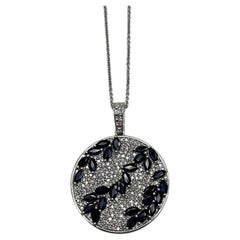 Zafiro Azul Forma Marquesa Diamante Pave Oro Blanco Colgante Medallón Collar