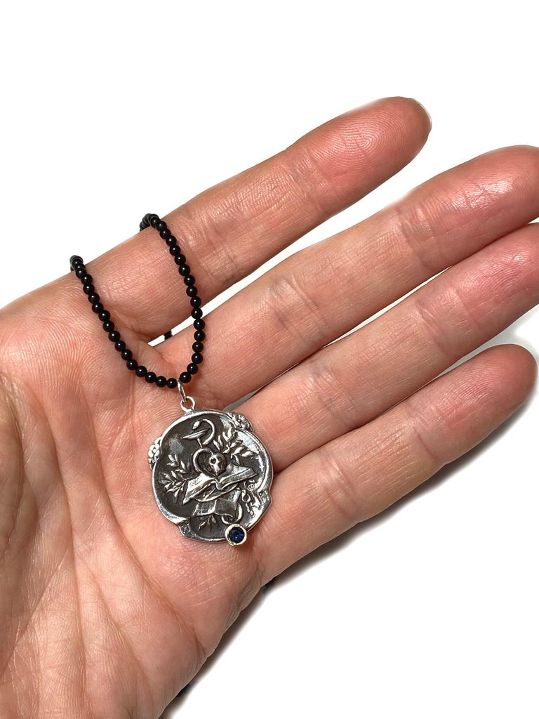 Blue Sapphire Memento Mori Medal Pendant Silver Spinel