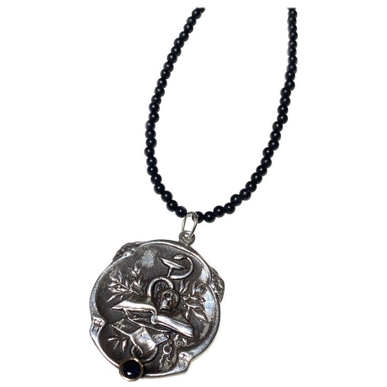 Blue Sapphire Memento Mori Medal Pendant Silver Spinel Bead Necklace J ...