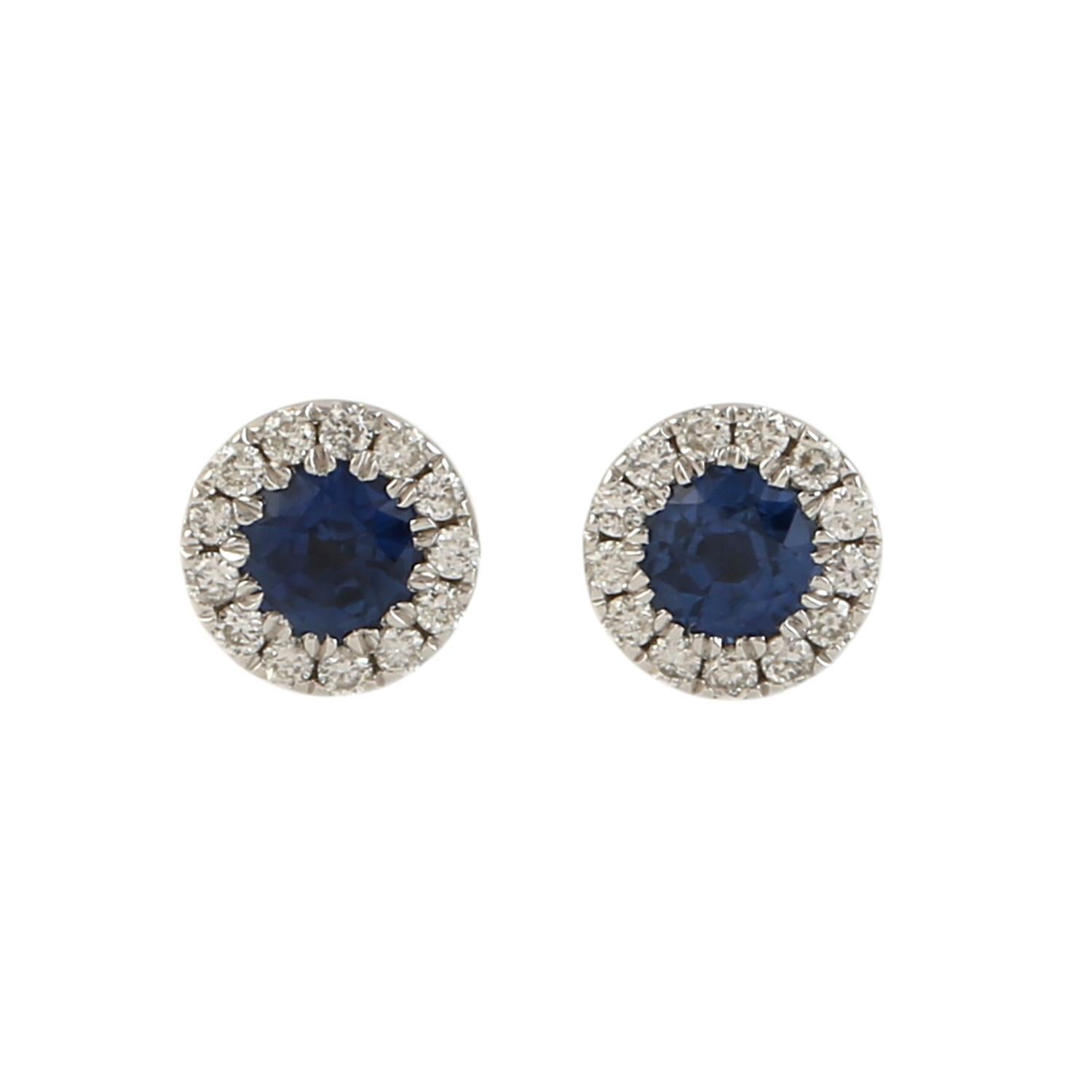 Women's Blue Sapphire Minimal Stud Earrings With Diamonds Made In 18k White Gold For Sale