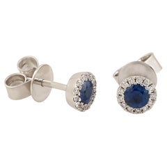 Blue Sapphire Minimal Stud Earrings With Diamonds Made In 18k White Gold