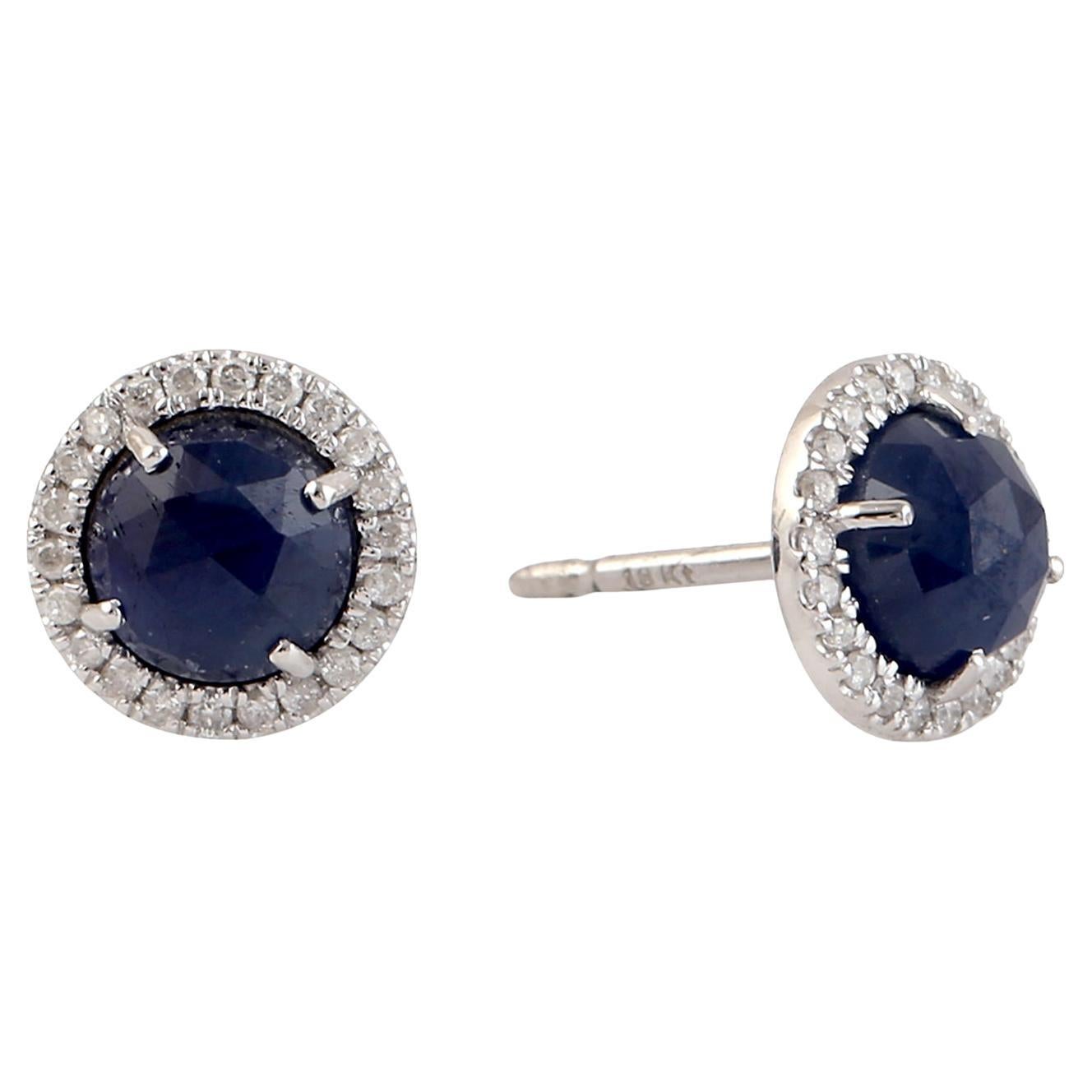 Blue Sapphire Minimal Stud Earrings With Diamonds Made In 18K White Gold