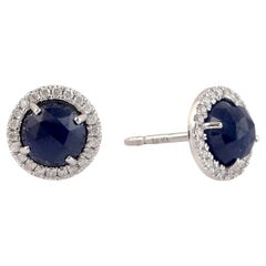 Blue Sapphire Minimal Stud Earrings With Diamonds Made In 18K White Gold