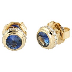 Blue Sapphire Minimal Studs WIth Diamonds In 14k yellow Gold