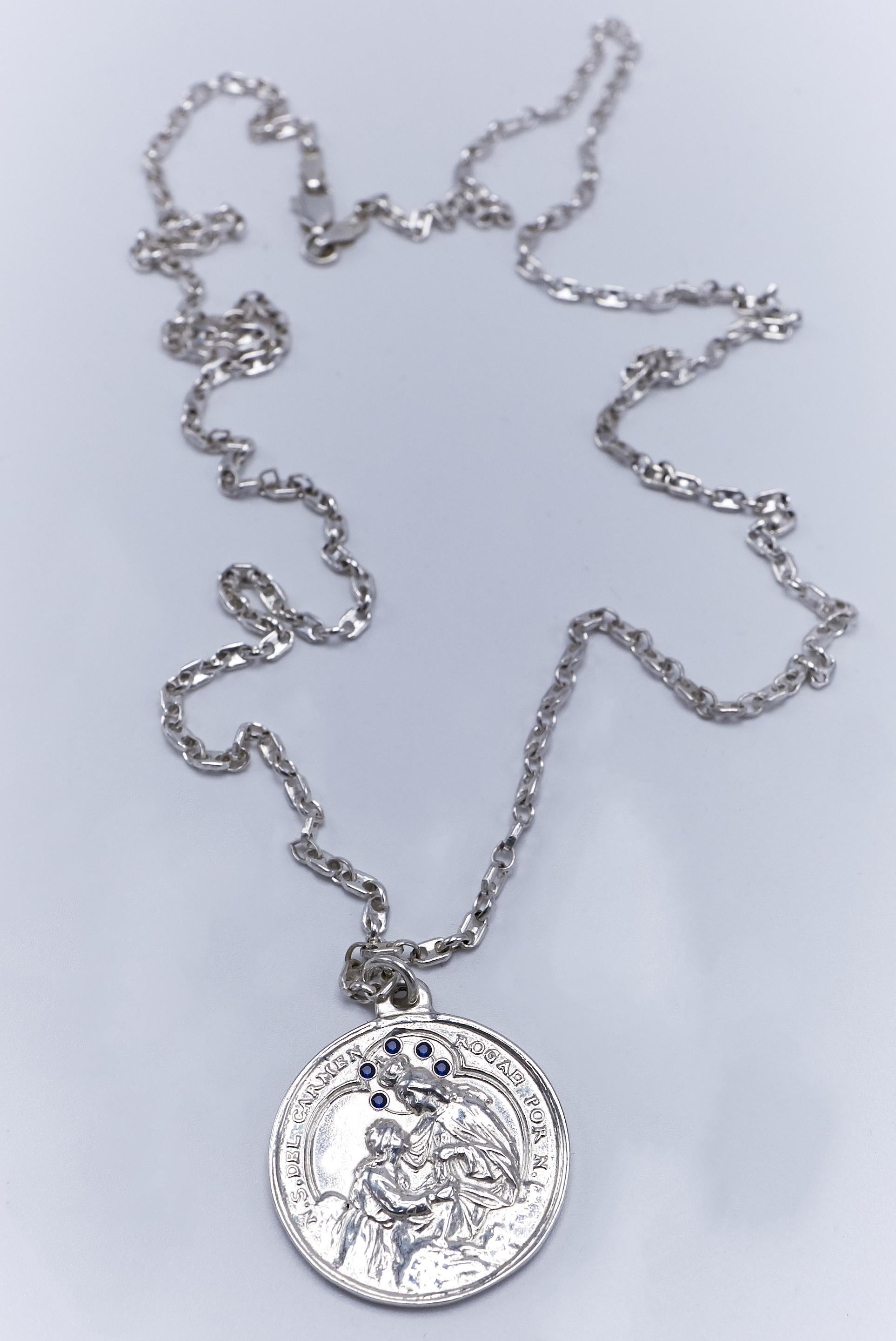 Contemporary Blue Sapphire Miraculous Virgin Mary Necklace Silver J Dauphin